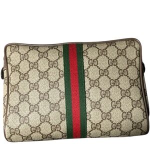 Gucci Vintage Men's Gucci Beige/Brown Sherry Line w/Green and Red Web Clutch Bag